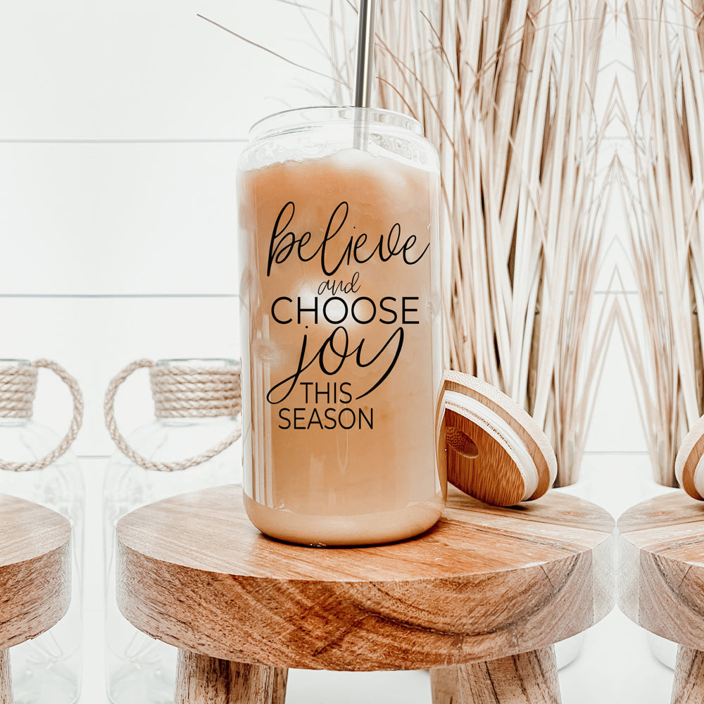 17oz Glass Tumbler With Bamboo Lid, 2 Steel Straws And Cleaner - Believe Joy BandsCo Straps