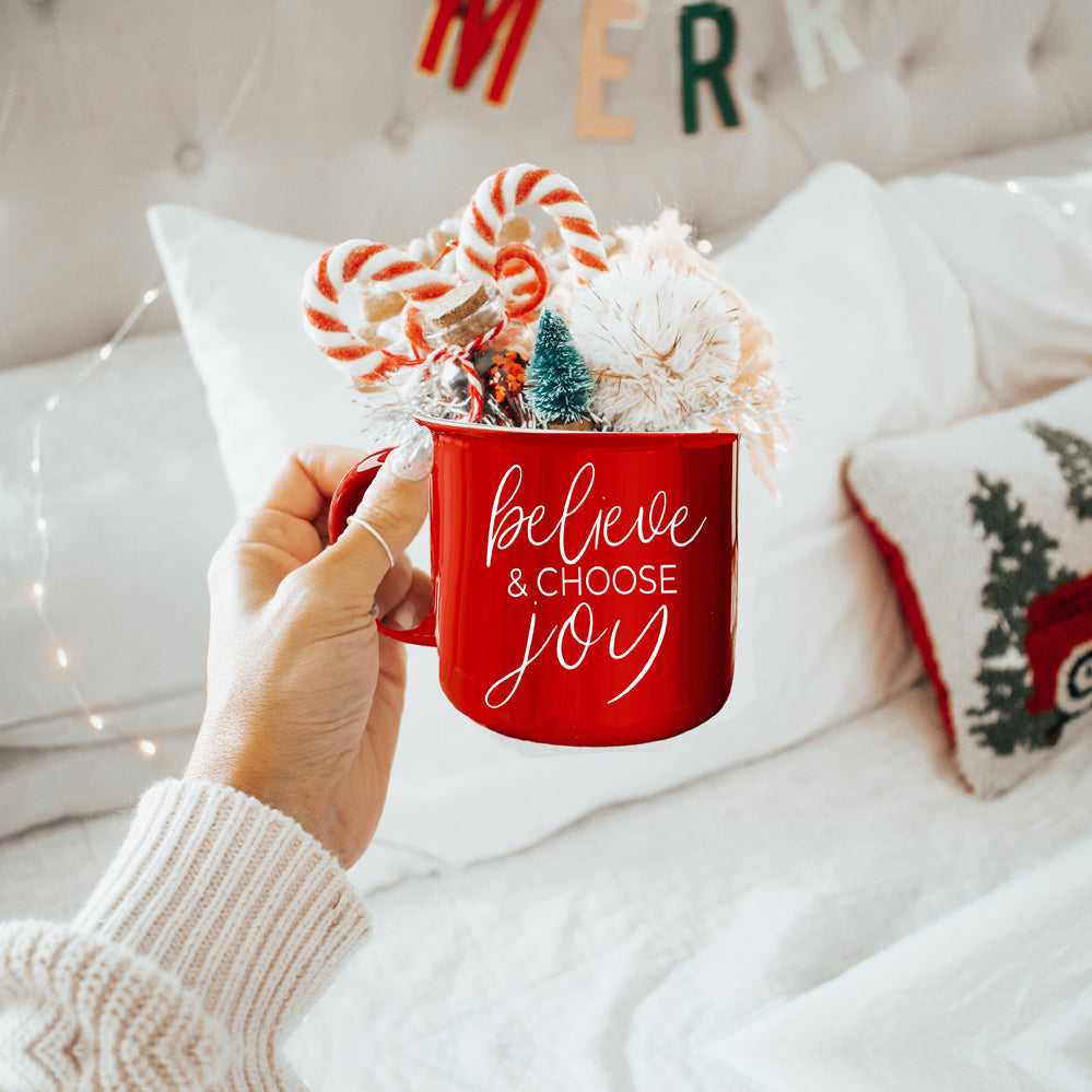Believe And Joy Ceramic Campfire Mug 14.5oz Red Green Double-Sided White Text BandsCo Straps