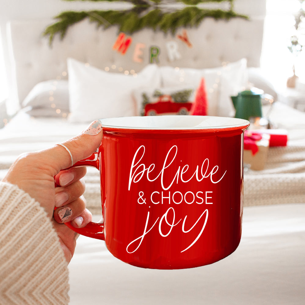 Believe And Joy Ceramic Campfire Mug 14.5oz Red Green Double-Sided White Text BandsCo Straps