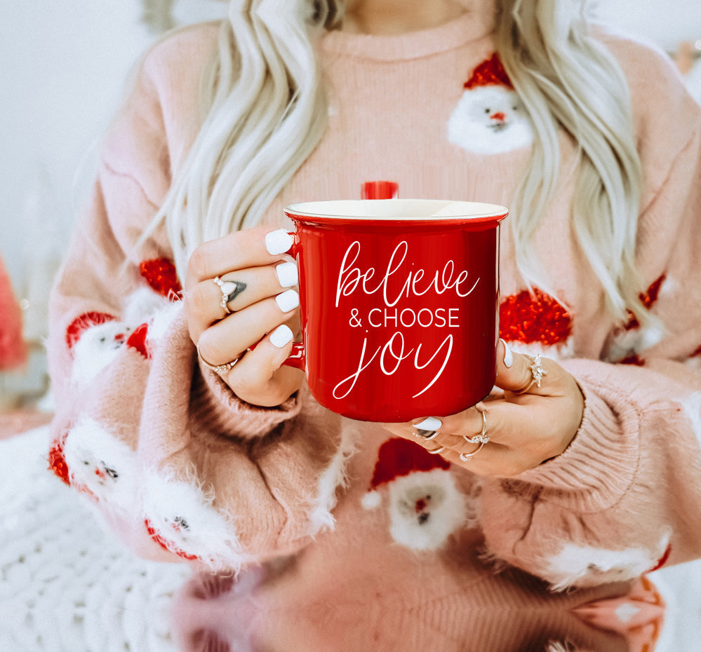 Believe And Joy Ceramic Campfire Mug 14.5oz Red Green Double-Sided White Text BandsCo Straps