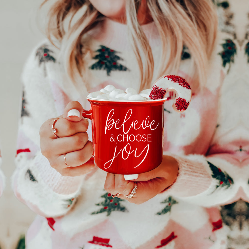 Believe And Joy Ceramic Campfire Mug 14.5oz Red Green Double-Sided White Text BandsCo Straps