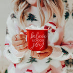 Believe And Joy Ceramic Campfire Mug 14.5oz Red Green Double-Sided White Text BandsCo Straps