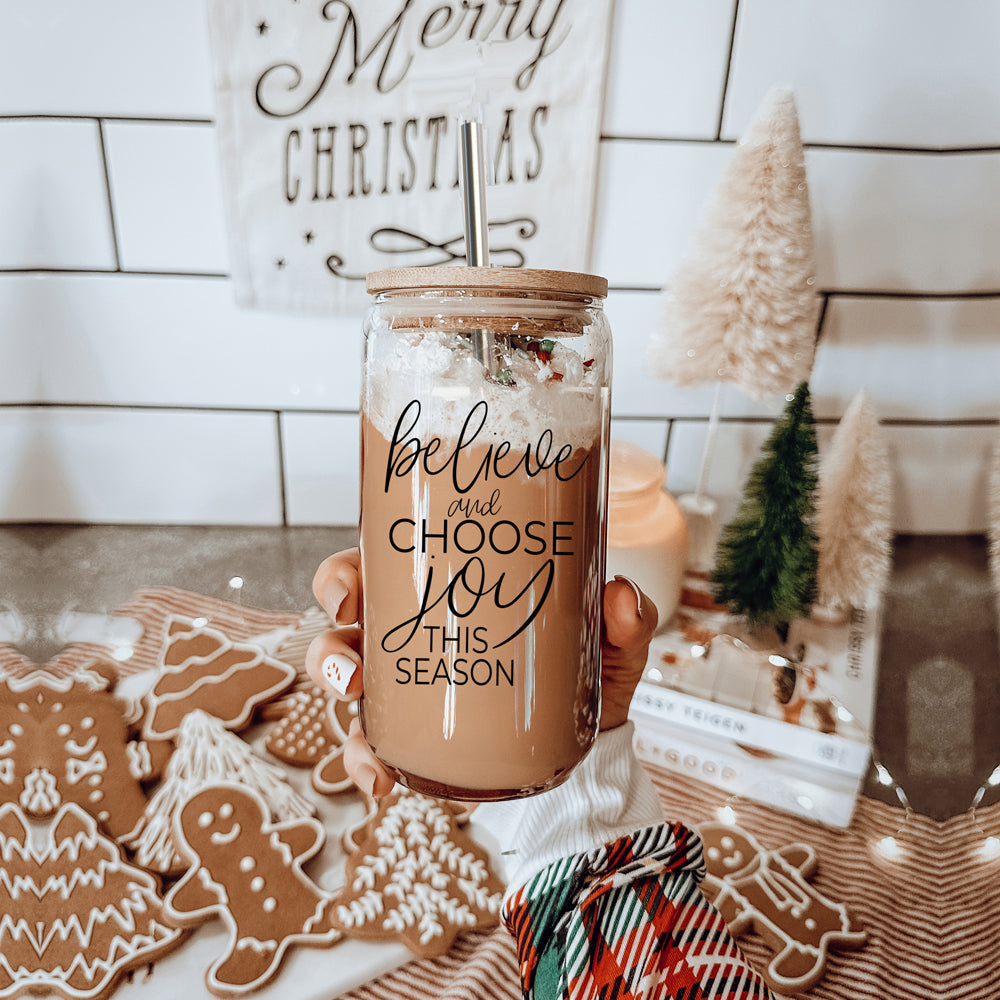 17oz Glass Tumbler With Bamboo Lid, 2 Steel Straws And Cleaner - Believe Joy BandsCo Straps