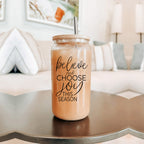 17oz Glass Tumbler With Bamboo Lid, 2 Steel Straws And Cleaner - Believe Joy BandsCo Straps