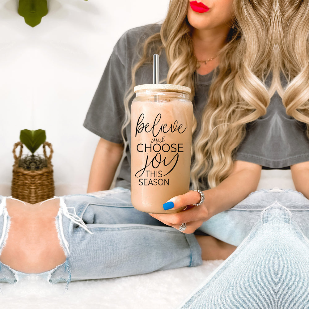 17oz Glass Tumbler With Bamboo Lid, 2 Steel Straws And Cleaner - Believe Joy BandsCo Straps