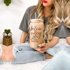 17oz Glass Tumbler With Bamboo Lid, 2 Steel Straws And Cleaner - Believe Joy BandsCo Straps