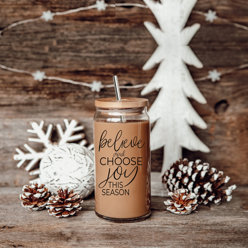 17oz Glass Tumbler With Bamboo Lid, 2 Steel Straws And Cleaner - Believe Joy BandsCo Straps