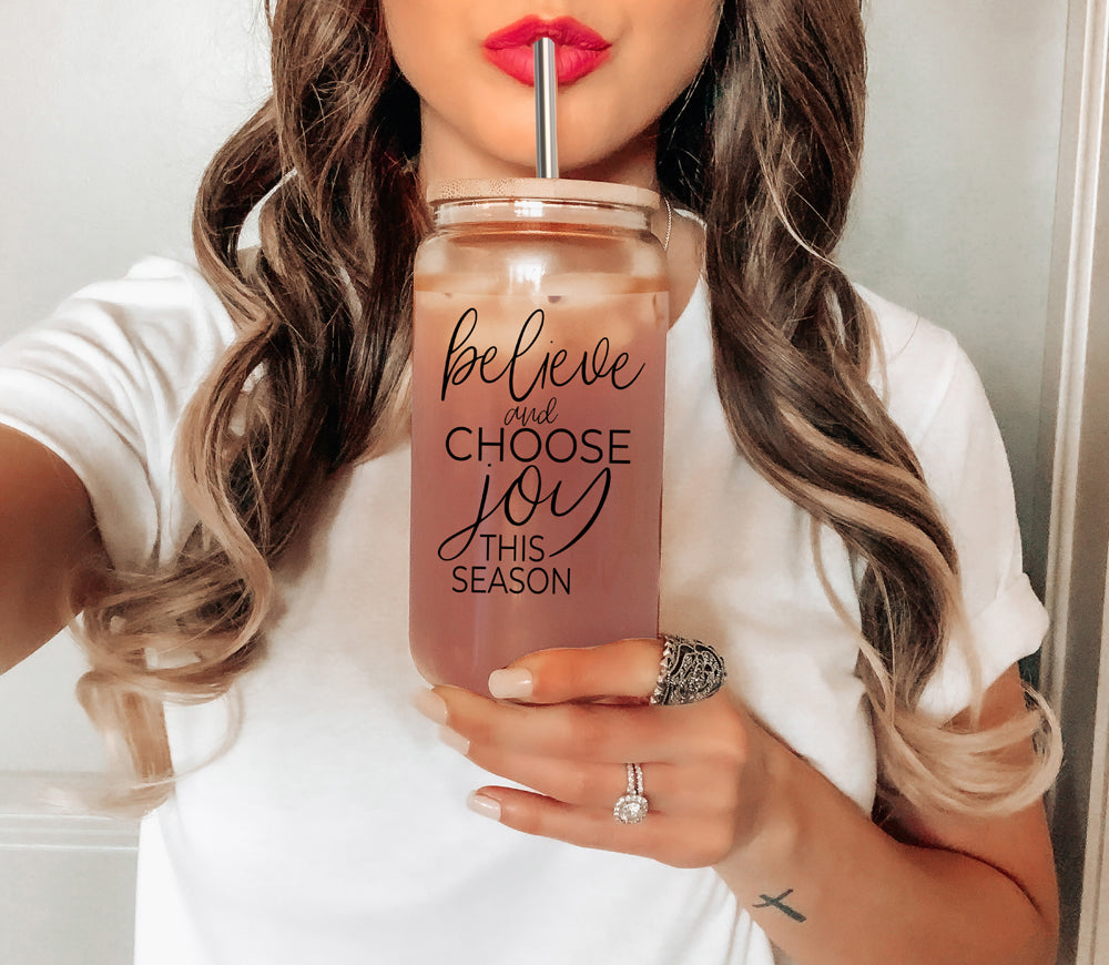 17oz Glass Tumbler With Bamboo Lid, 2 Steel Straws And Cleaner - Believe Joy BandsCo Straps
