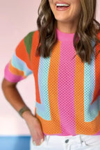 Orange Colorblock Eyelet Casual Knit T Shirt