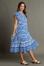 Blue Full Size Two-Tone Print Ruffle Cap Sleeve Midi Dress Plus Size Statement Piece Dress Stevvex