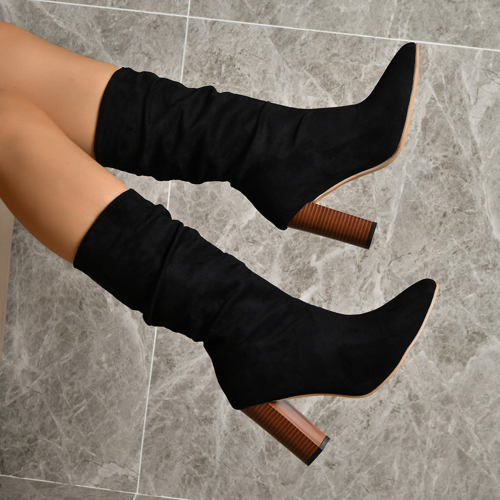 Pointed Toe High Block Heels Boots Woman Winter Warm Mid-calf Suede Long Boots New Fashion Trendy Solid Shoes For Party Lady Pi-Mart