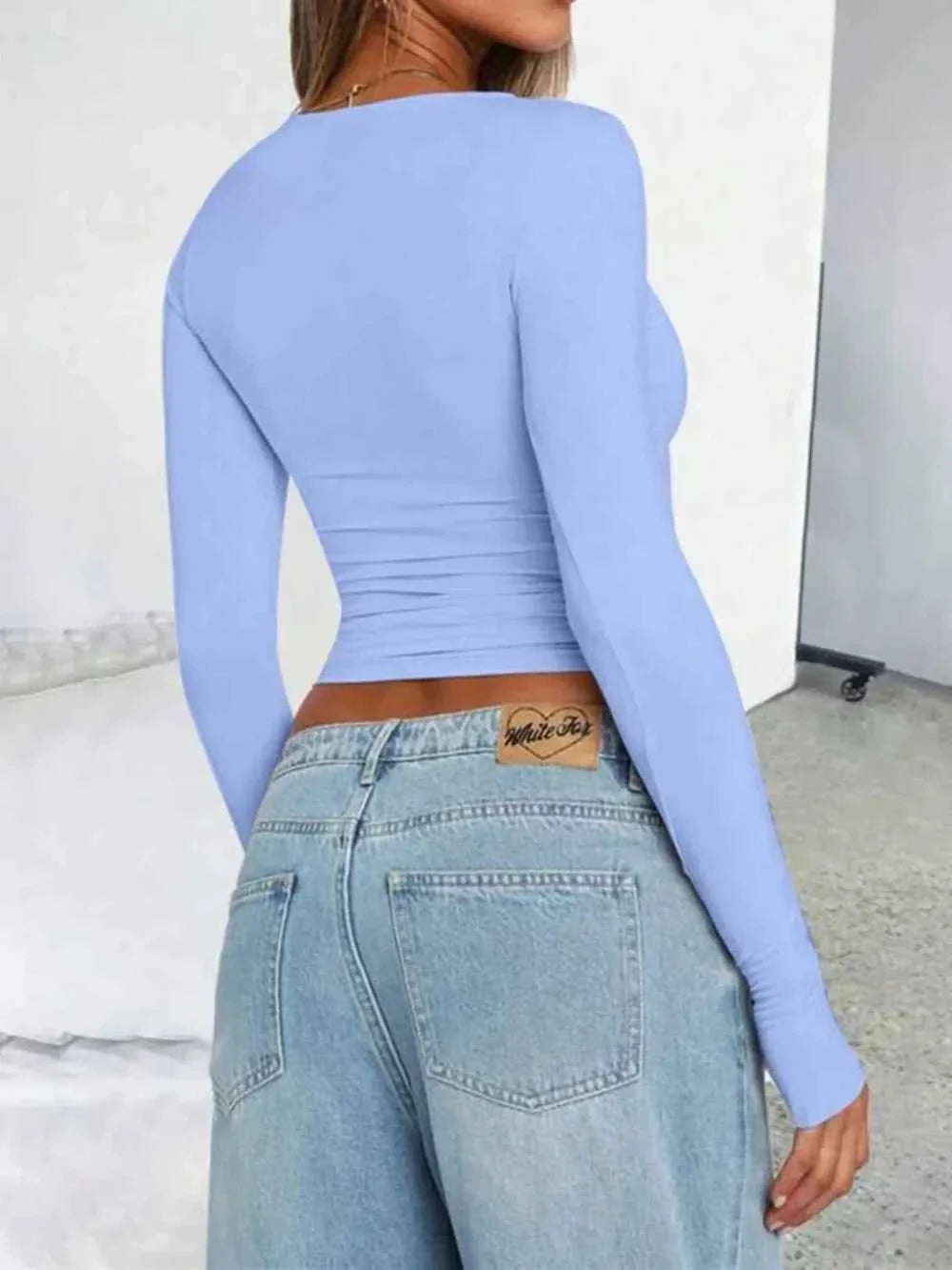 Solid Color Round Neck Long Sleeve T-Shirt THRIXINE