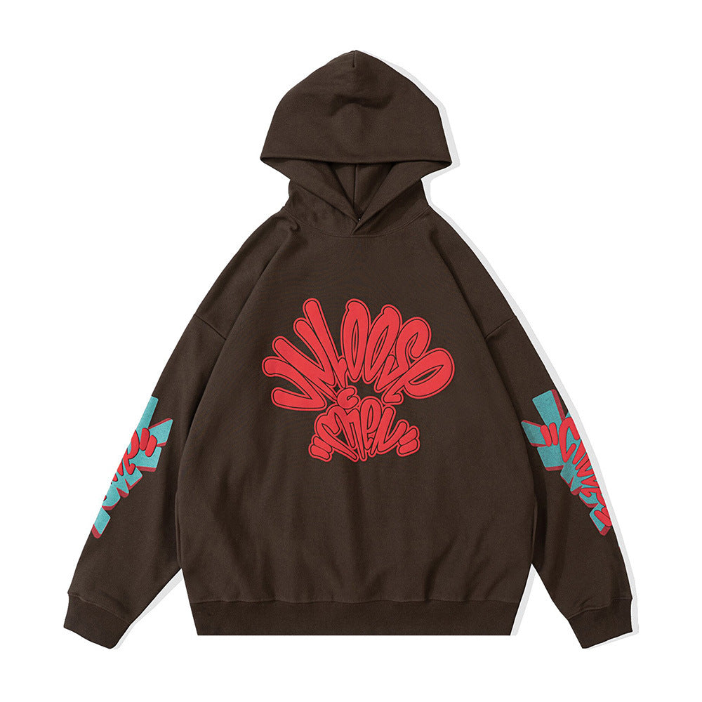 Men's American High Street Alphabet Print Hooded Sweatshirt