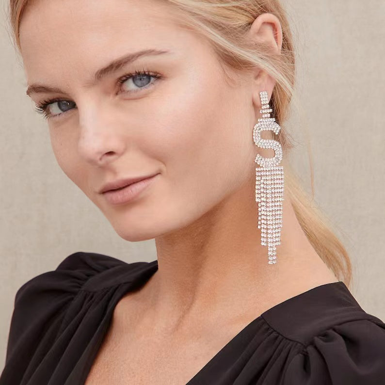 Fashion Jewelry 925 Silver Needle Ornaments Rhinestone Letter B Earrings Banquet Tassel Ear Ornaments Female Pi-Mart