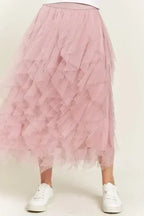 LAYERED POLKA DOT MESH LINED A-LINE MIDI SKIRT