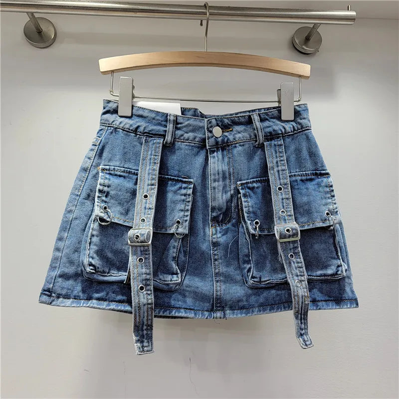 Retro Pink Large Pocket Denim Suit Spring Summer Sleeveless Short Vest High Waist Hip Wrapped Skirt 2 Pieces Sets Women Outfits Purplish Diva