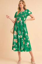 Green Floral Print Bubble Sleeve Smocked Tiered Midi Dress