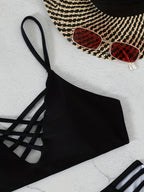 Noir Allure Criss Cross Bikini Set for Women – Chic Elegant Hollow Out Design with High Waist Buckle Detail Adjustable Spaghetti Straps & Medium Stretch Nylon – 2-Piece Women's Swimwear for Summer Beach Days & Poolside Glam