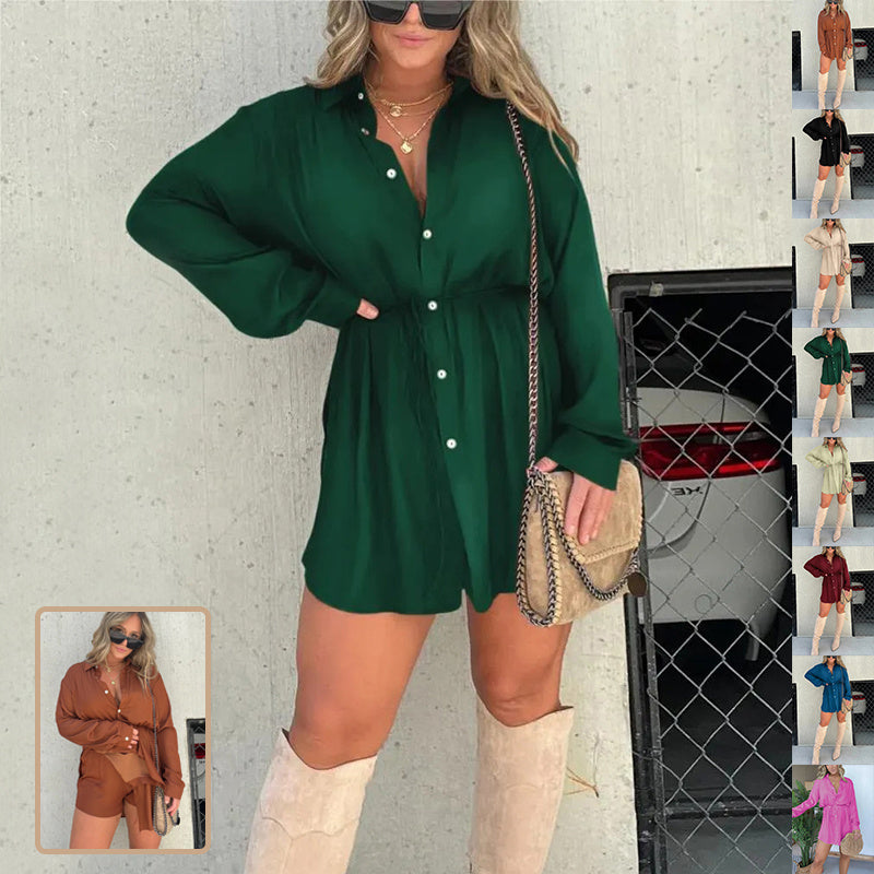 Women's Long Sleeve Jumpsuit With Button Fashion Shirt Dress Pi-Mart