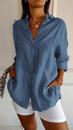 Lapel Long Sleeve Shirt Women's Single-breasted Pleated Shirt Pi-Mart
