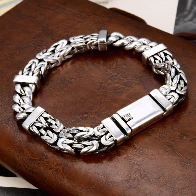 S925 Sterling Silver Trendy Men's Personalized Bracelet New Chinese Style Double Woven Safety Pattern Handmade Chain Pi-Mart