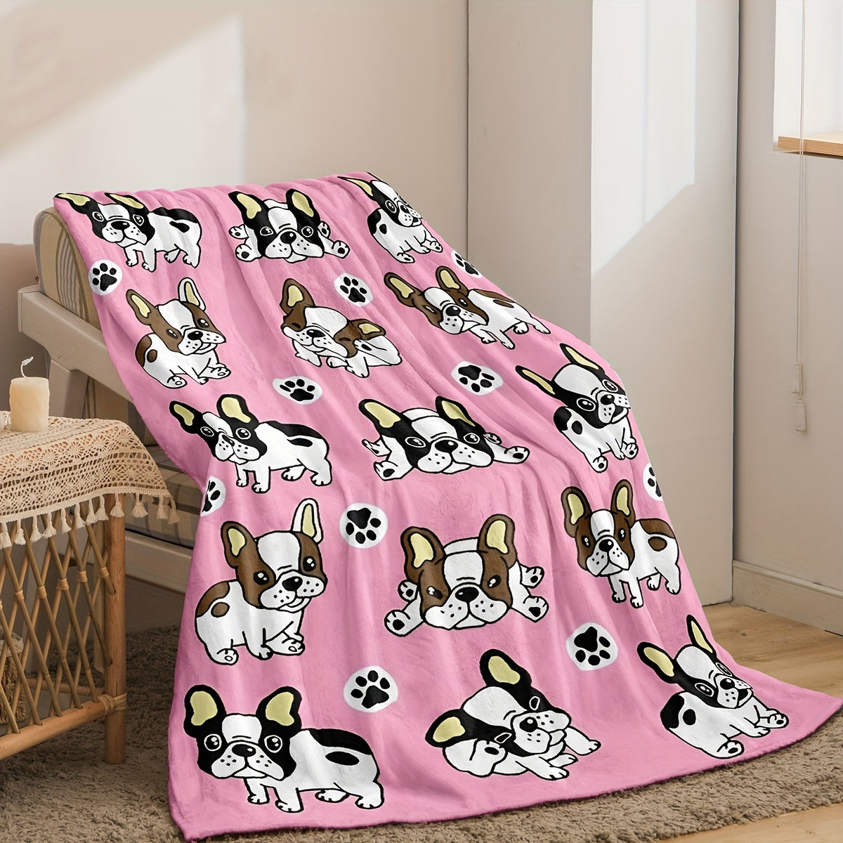 1pc Cute French Bulldog Pattern Flannel Throw Blanket, Modern Polyester Rectangular Blanket For Multiple Use, Traditional Style, Soft & Cozy For Home Decor Lootquake LLC