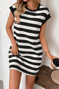 Simple Contrast Striped Round Neck Short Sleeve Mini Dress Casual & Comfortable Everyday Dress for Women Stevvex
