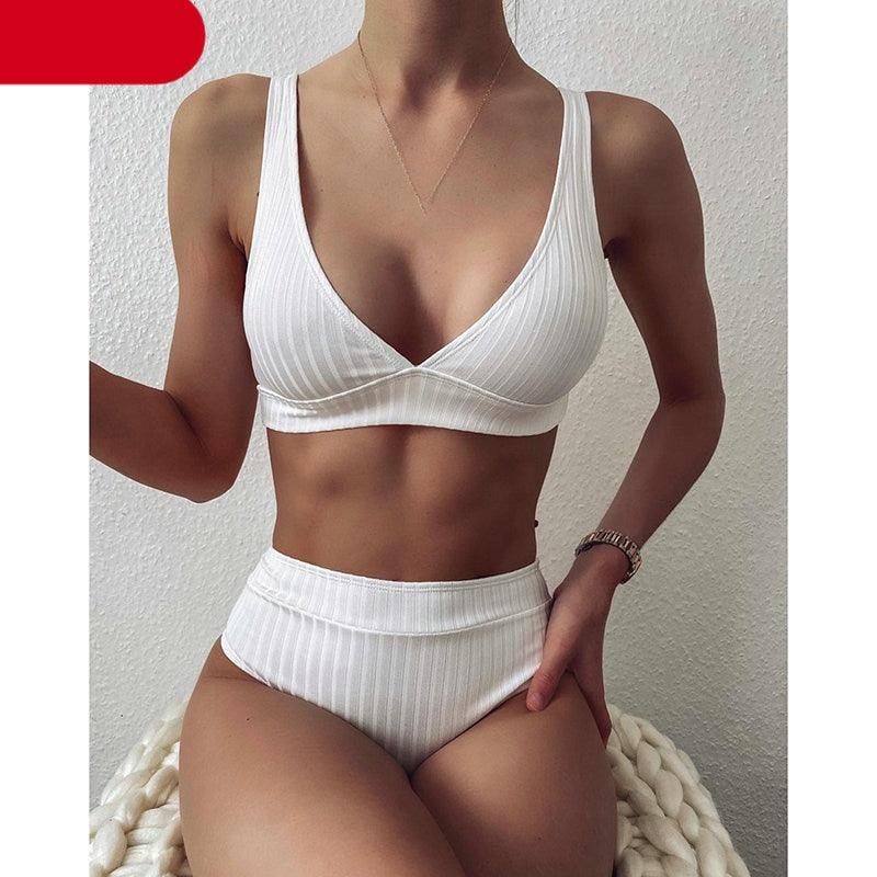 Bikini High Waist Swimwear Women's Swimsuits Push Up Ribbed Bathing Suits Black V-Neck Bikinis Set  High Waist Tummy Control Bathing Suits For Women Deep V Neck Black Comfortable Beachwear Stevvex