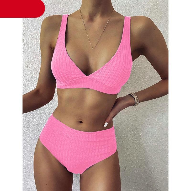 Bikini High Waist Swimwear Women's Swimsuits Push Up Ribbed Bathing Suits Black V-Neck Bikinis Set  High Waist Tummy Control Bathing Suits For Women Deep V Neck Black Comfortable Beachwear Stevvex