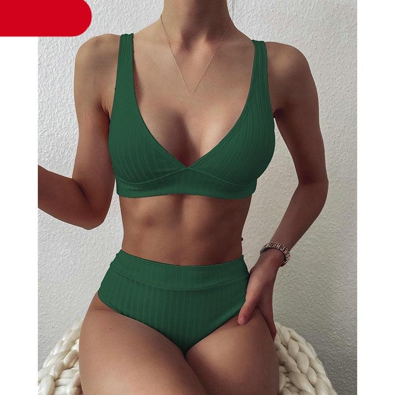 Bikini High Waist Swimwear Women's Swimsuits Push Up Ribbed Bathing Suits Black V-Neck Bikinis Set  High Waist Tummy Control Bathing Suits For Women Deep V Neck Black Comfortable Beachwear Stevvex