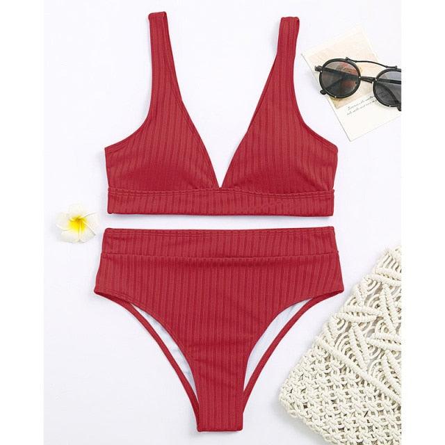 Bikini High Waist Swimwear Women's Swimsuits Push Up Ribbed Bathing Suits Black V-Neck Bikinis Set  High Waist Tummy Control Bathing Suits For Women Deep V Neck Black Comfortable Beachwear Stevvex