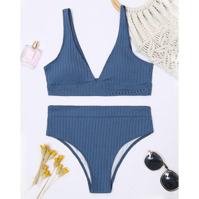 Bikini High Waist Swimwear Women's Swimsuits Push Up Ribbed Bathing Suits Black V-Neck Bikinis Set  High Waist Tummy Control Bathing Suits For Women Deep V Neck Black Comfortable Beachwear Stevvex