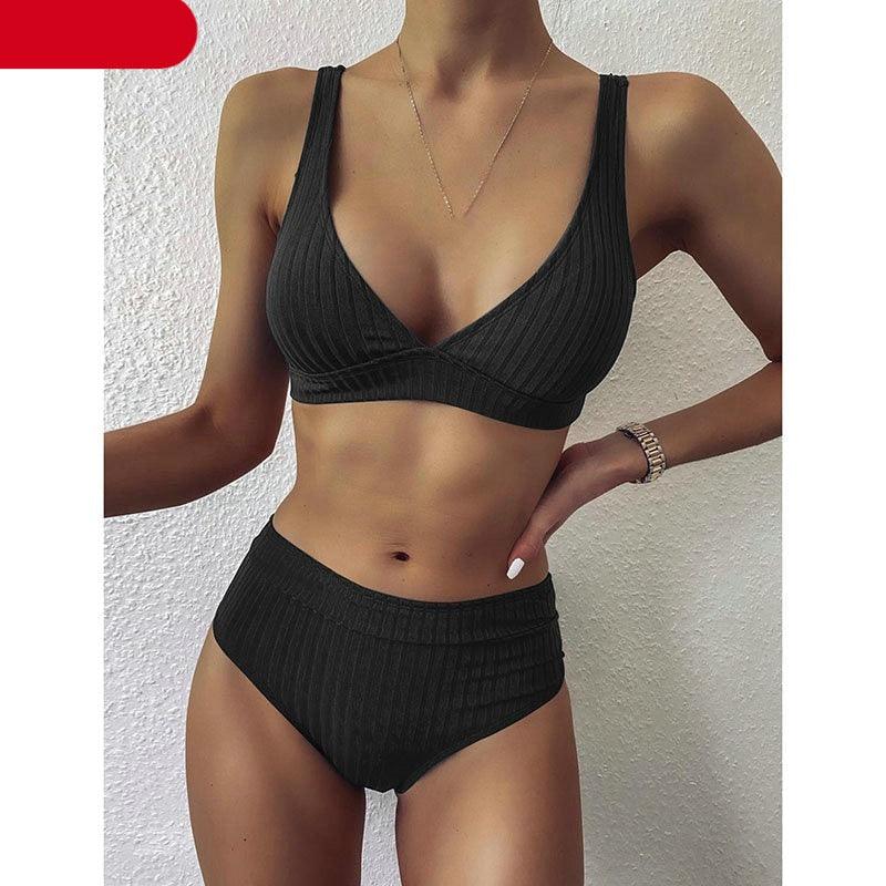 Bikini High Waist Swimwear Women's Swimsuits Push Up Ribbed Bathing Suits Black V-Neck Bikinis Set  High Waist Tummy Control Bathing Suits For Women Deep V Neck Black Comfortable Beachwear Stevvex