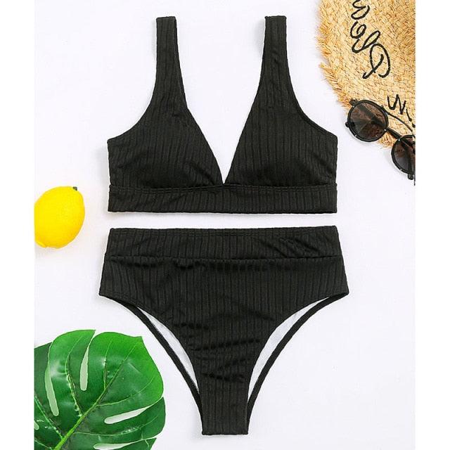 Bikini High Waist Swimwear Women's Swimsuits Push Up Ribbed Bathing Suits Black V-Neck Bikinis Set  High Waist Tummy Control Bathing Suits For Women Deep V Neck Black Comfortable Beachwear Stevvex