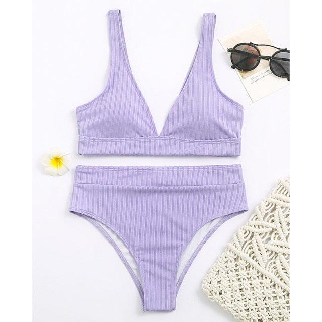 Bikini High Waist Swimwear Women's Swimsuits Push Up Ribbed Bathing Suits Black V-Neck Bikinis Set  High Waist Tummy Control Bathing Suits For Women Deep V Neck Black Comfortable Beachwear Stevvex