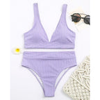 Bikini High Waist Swimwear Women's Swimsuits Push Up Ribbed Bathing Suits Black V-Neck Bikinis Set  High Waist Tummy Control Bathing Suits For Women Deep V Neck Black Comfortable Beachwear Stevvex