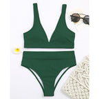 Bikini High Waist Swimwear Women's Swimsuits Push Up Ribbed Bathing Suits Black V-Neck Bikinis Set  High Waist Tummy Control Bathing Suits For Women Deep V Neck Black Comfortable Beachwear Stevvex