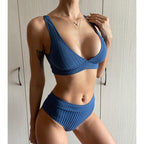 Bikini High Waist Swimwear Women's Swimsuits Push Up Ribbed Bathing Suits Black V-Neck Bikinis Set  High Waist Tummy Control Bathing Suits For Women Deep V Neck Black Comfortable Beachwear Stevvex