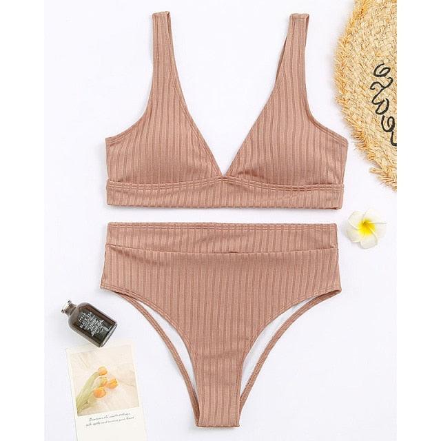 Bikini High Waist Swimwear Women's Swimsuits Push Up Ribbed Bathing Suits Black V-Neck Bikinis Set  High Waist Tummy Control Bathing Suits For Women Deep V Neck Black Comfortable Beachwear Stevvex