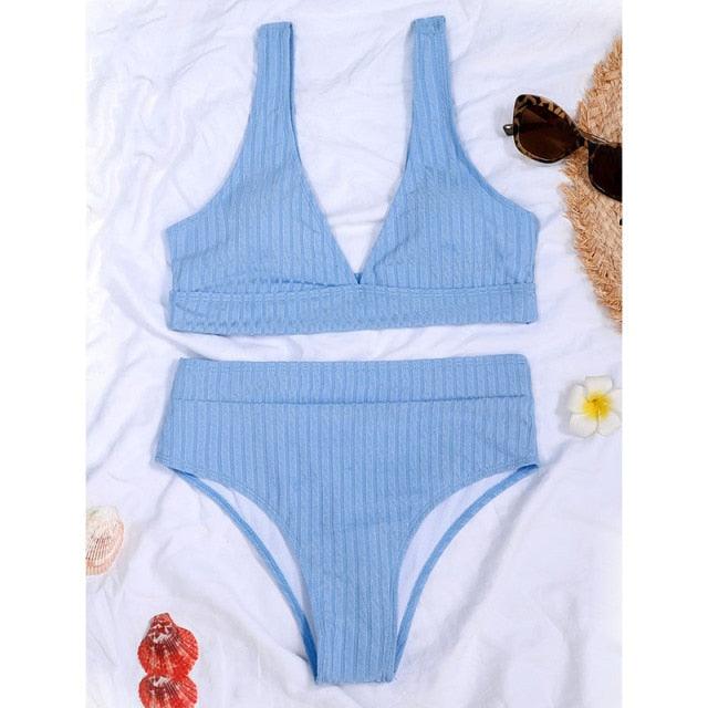 Bikini High Waist Swimwear Women's Swimsuits Push Up Ribbed Bathing Suits Black V-Neck Bikinis Set  High Waist Tummy Control Bathing Suits For Women Deep V Neck Black Comfortable Beachwear Stevvex