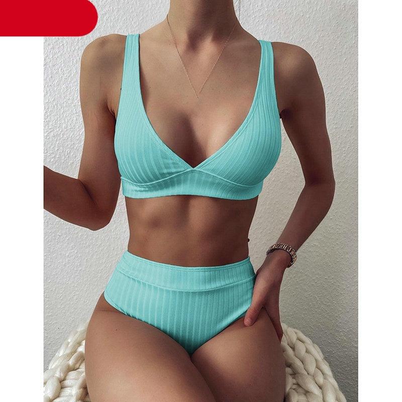 Bikini High Waist Swimwear Women's Swimsuits Push Up Ribbed Bathing Suits Black V-Neck Bikinis Set  High Waist Tummy Control Bathing Suits For Women Deep V Neck Black Comfortable Beachwear Stevvex