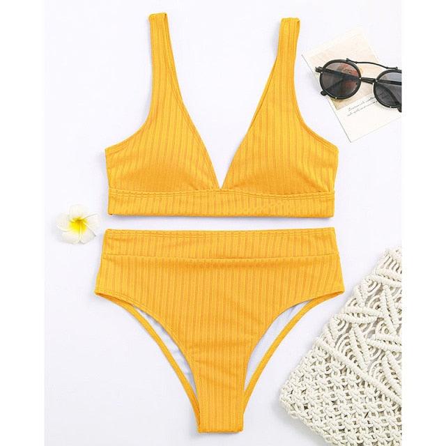Bikini High Waist Swimwear Women's Swimsuits Push Up Ribbed Bathing Suits Black V-Neck Bikinis Set  High Waist Tummy Control Bathing Suits For Women Deep V Neck Black Comfortable Beachwear Stevvex