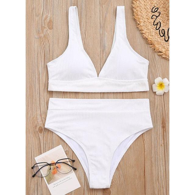 Bikini High Waist Swimwear Women's Swimsuits Push Up Ribbed Bathing Suits Black V-Neck Bikinis Set  High Waist Tummy Control Bathing Suits For Women Deep V Neck Black Comfortable Beachwear Stevvex
