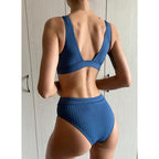 Bikini High Waist Swimwear Women's Swimsuits Push Up Ribbed Bathing Suits Black V-Neck Bikinis Set  High Waist Tummy Control Bathing Suits For Women Deep V Neck Black Comfortable Beachwear Stevvex