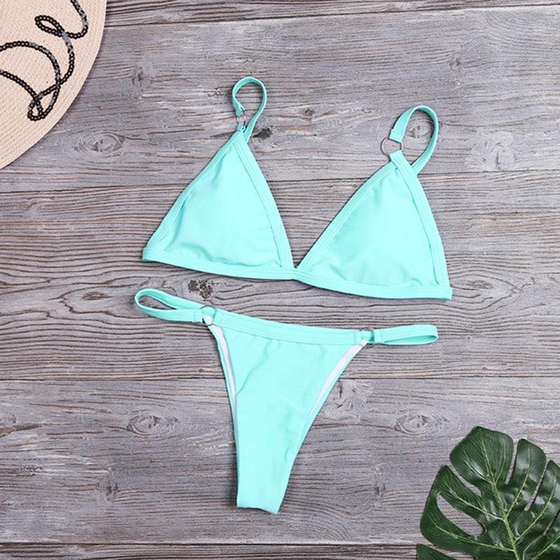 Bikini New Summer Solid Bikini Set Low Waist Swimwear Women Bathing Suit Swimsuit Female Cheeky Bikini Swimsuit Triangle Two Piece Basic Solid Thong Tanning Suits Stevvex