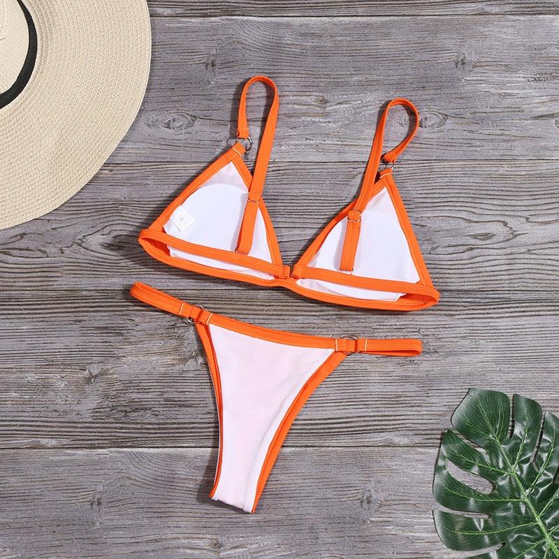 Bikini New Summer Solid Bikini Set Low Waist Swimwear Women Bathing Suit Swimsuit Female Cheeky Bikini Swimsuit Triangle Two Piece Basic Solid Thong Tanning Suits Stevvex