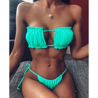 Bikini  Pleated Swimsuit Female Swimwear Women's  Ruffle Tie Side Bikini Set High Cut Strapless Padded Solid Bathing Suit Women Mini Thong Bikini Set Bather Swimming Beachwear For Bathing Suit Stevvex
