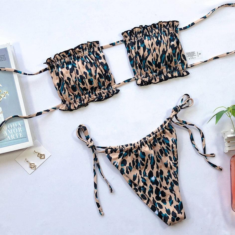 Bikini  Pleated Swimsuit Female Swimwear Women's  Ruffle Tie Side Bikini Set High Cut Strapless Padded Solid Bathing Suit Women Mini Thong Bikini Set Bather Swimming Beachwear For Bathing Suit Stevvex