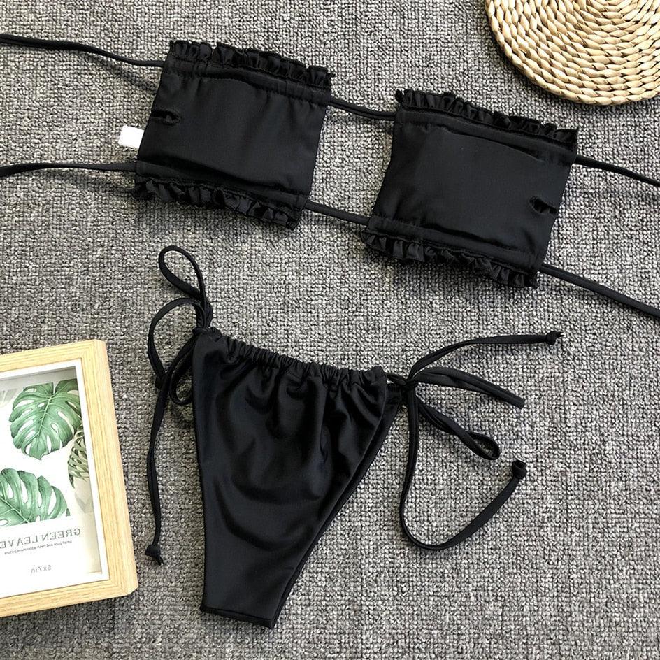 Bikini  Pleated Swimsuit Female Swimwear Women's  Ruffle Tie Side Bikini Set High Cut Strapless Padded Solid Bathing Suit Women Mini Thong Bikini Set Bather Swimming Beachwear For Bathing Suit Stevvex