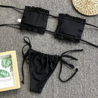 Bikini  Pleated Swimsuit Female Swimwear Women's  Ruffle Tie Side Bikini Set High Cut Strapless Padded Solid Bathing Suit Women Mini Thong Bikini Set Bather Swimming Beachwear For Bathing Suit Stevvex